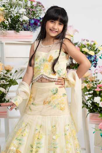 Kirti Agarwal - Pret N Couture_Yellow Silk, Cotton, Organza, Net Floral Embroidered Lehenga Set _Online_at_Aza_Fashions