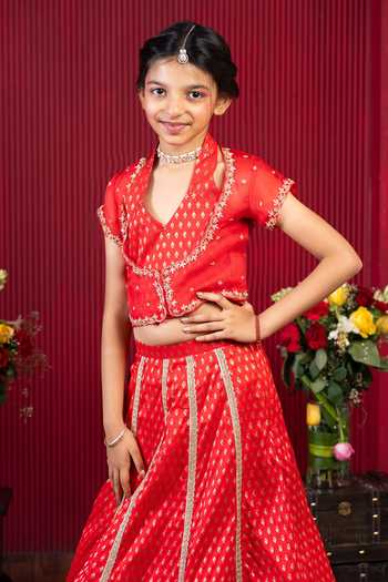Buy_Kirti Agarwal - Pret N Couture_Red , Organza, Cotton Embroidered Lehenga And Blouse Set _Online_at_Aza_Fashions