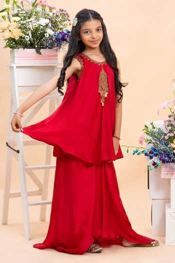 Buy_Kirti Agarwal - Pret N Couture_Red Silk, Satin Zari Embroidered Kurta And Sharara Set _Online_at_Aza_Fashions