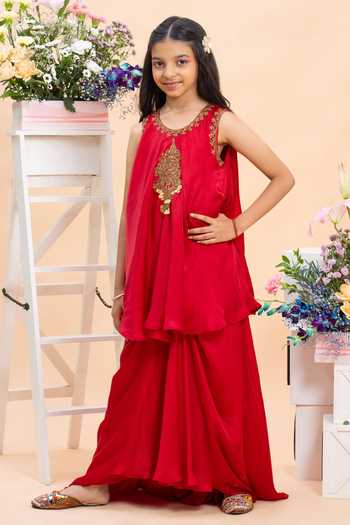 Buy_Kirti Agarwal - Pret N Couture_Red Silk, Satin Zari Embroidered Kurta And Sharara Set _at_Aza_Fashions