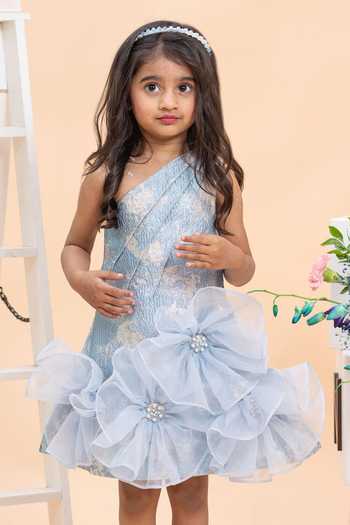 Buy_Kirti Agarwal - Pret N Couture_Blue Cotton, Organza, Jacquard One Shoulder Floral Applique Dress _Online_at_Aza_Fashions