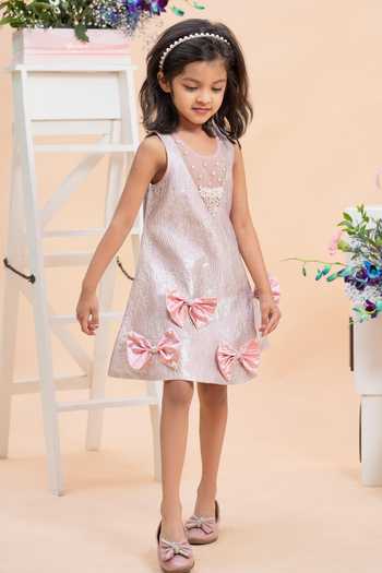 Buy_Kirti Agarwal - Pret N Couture_Pink Satin, Jacquard, Net Blush Bow Dress _at_Aza_Fashions
