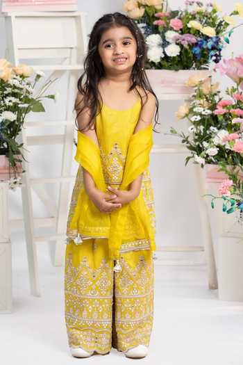 Buy_Kirti Agarwal - Pret N Couture_Yellow Cotton, Organza, Tissue Zari Work Kurta Sharara Set _at_Aza_Fashions