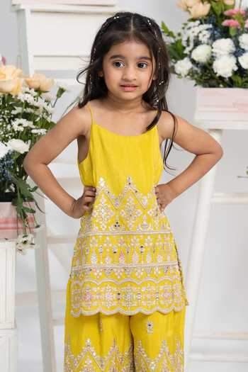 Buy_Kirti Agarwal - Pret N Couture_Yellow Cotton, Organza, Tissue Zari Work Kurta Sharara Set _Online_at_Aza_Fashions