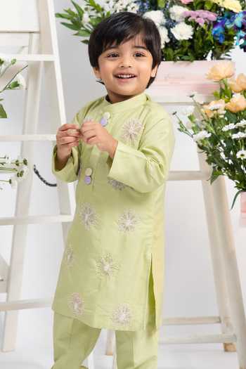 Shop_Kirti Agarwal - Pret N Couture_Green Silk, Cotton Embroidered Kurta Set _Online_at_Aza_Fashions