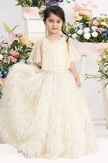 Kirti Agarwal - Pret N Couture_Ivory Silk, Net, Fur Pleated Shimmer Top With Skirt _Online_at_Aza_Fashions