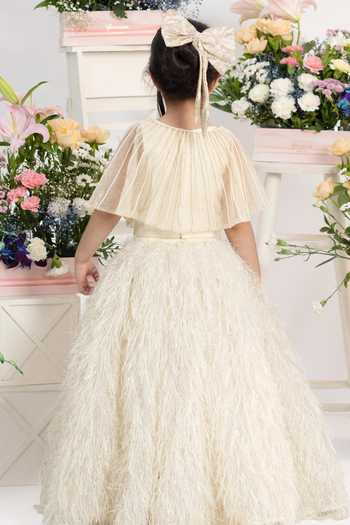 Shop_Kirti Agarwal - Pret N Couture_Ivory Silk, Net, Fur Pleated Shimmer Top With Skirt _at_Aza_Fashions