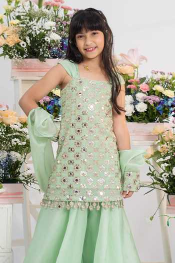 Kirti Agarwal - Pret N Couture_Mint Silk, Organza, Georgette, Satin Mirror Work Kurta Sharara Set _Online_at_Aza_Fashions