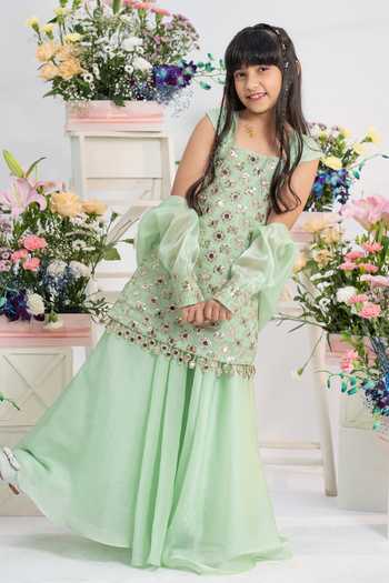 Buy_Kirti Agarwal - Pret N Couture_Mint Silk, Organza, Georgette, Satin Mirror Work Kurta Sharara Set _Online_at_Aza_Fashions