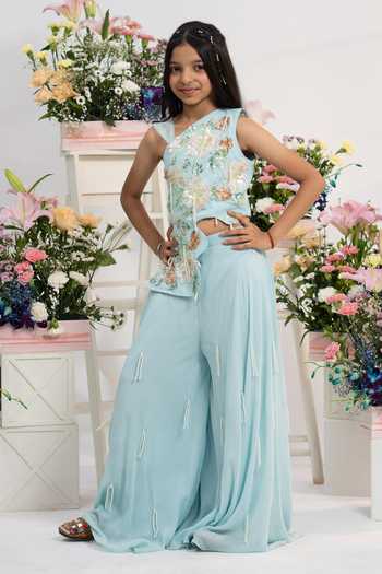 Buy_Kirti Agarwal - Pret N Couture_Blue Silk, Georgette, Net Pearls, Beads, Embroidered Top And Flared Palazzo Set _at_Aza_Fashions