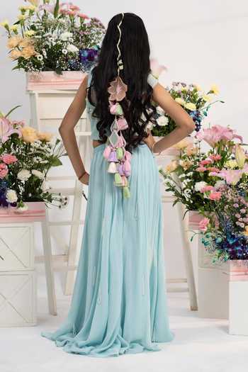 Shop_Kirti Agarwal - Pret N Couture_Blue Silk, Georgette, Net Pearls, Beads, Embroidered Top And Flared Palazzo Set _at_Aza_Fashions