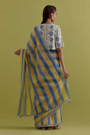 Shop_Upavita_Blue Cotton, Chanderi Round Neck Striped Saree And Blouse Set _at_Aza_Fashions