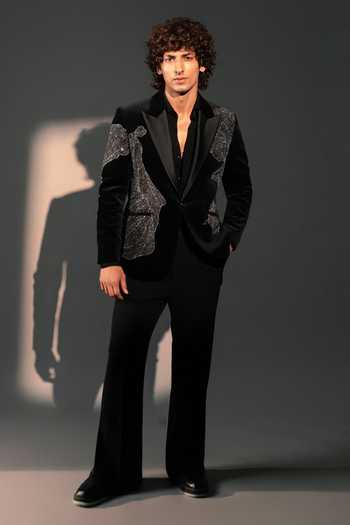 Buy_ROHIT DOSHI_Black Velvet, Polyester Void Embroidered Suit And Pant Set _at_Aza_Fashions
