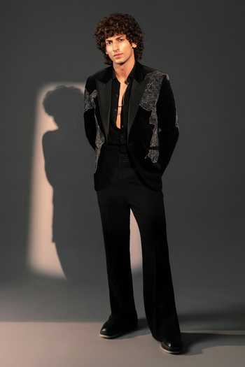 Shop_ROHIT DOSHI_Black Velvet, Polyester Void Embroidered Suit And Pant Set _at_Aza_Fashions