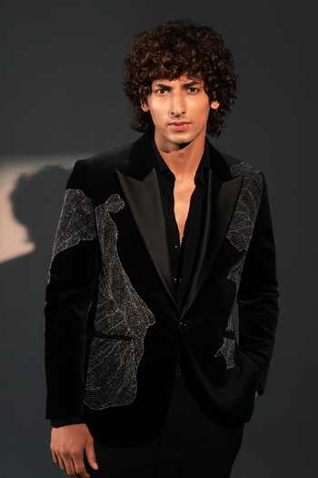 ROHIT DOSHI_Black Velvet, Polyester Void Embroidered Suit And Pant Set _Online_at_Aza_Fashions