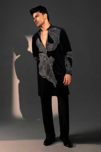 Shop_ROHIT DOSHI_Blue Velvet, Polyester Silent Storm Embroidered Kurta Set _at_Aza_Fashions