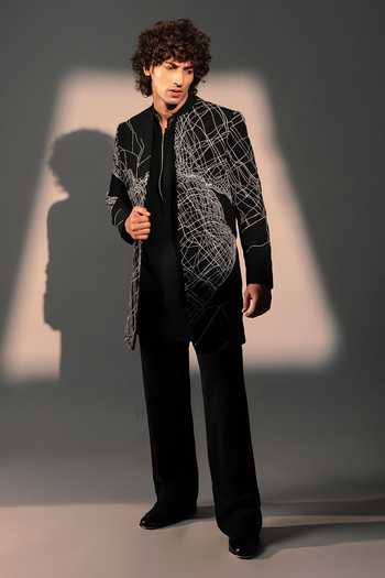 Buy_ROHIT DOSHI_Black Polyester Silver Static Embroidered Jacket And Pant Set _at_Aza_Fashions