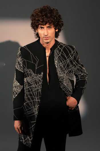 Shop_ROHIT DOSHI_Black Polyester Silver Static Embroidered Jacket And Pant Set _at_Aza_Fashions