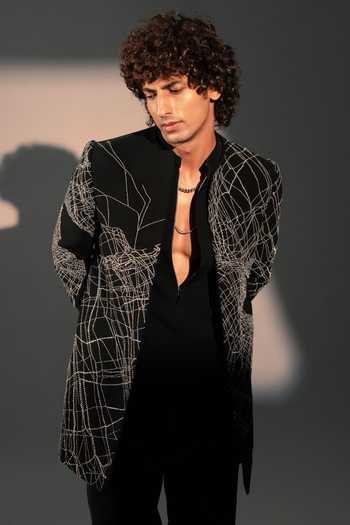 Buy_ROHIT DOSHI_Black Polyester Silver Static Embroidered Jacket And Pant Set _Online_at_Aza_Fashions