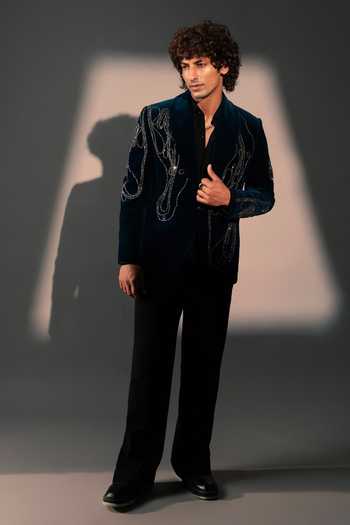 Buy_ROHIT DOSHI_Teal Velvet, Polyester Stone Embroidered Suit And Pant Set _at_Aza_Fashions