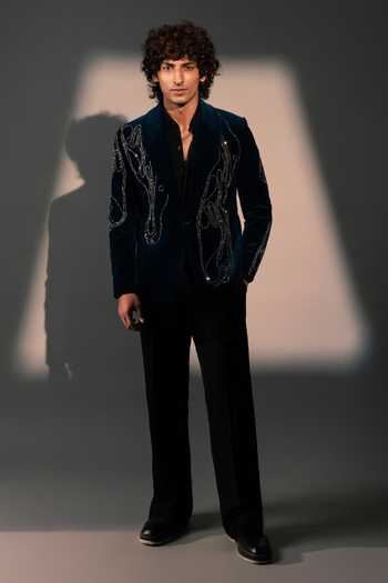 Shop_ROHIT DOSHI_Teal Velvet, Polyester Stone Embroidered Suit And Pant Set _at_Aza_Fashions