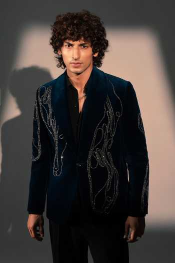ROHIT DOSHI_Teal Velvet, Polyester Stone Embroidered Suit And Pant Set _Online_at_Aza_Fashions