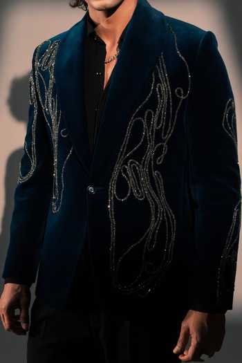 Buy_ROHIT DOSHI_Teal Velvet, Polyester Stone Embroidered Suit And Pant Set _Online_at_Aza_Fashions