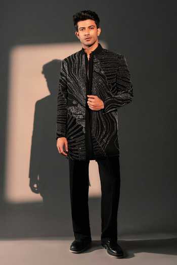 Buy_ROHIT DOSHI_Black Polyester Tidal Trace Embroidered Jacket And Kurta Set _at_Aza_Fashions