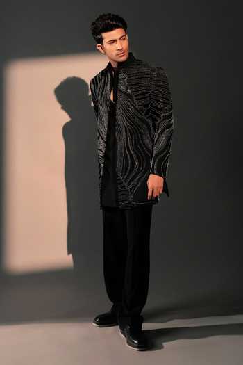 Shop_ROHIT DOSHI_Black Polyester Tidal Trace Embroidered Jacket And Kurta Set _at_Aza_Fashions