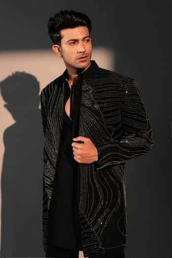 Buy_ROHIT DOSHI_Black Polyester Tidal Trace Embroidered Jacket And Kurta Set _Online_at_Aza_Fashions