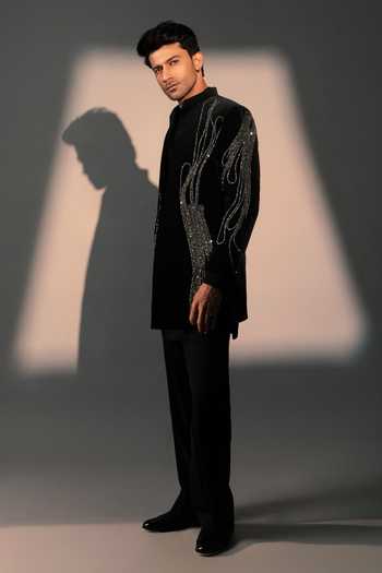 Shop_ROHIT DOSHI_Black Velvet, Polyester Twilight Embroidered Jacket And Kurta Set _at_Aza_Fashions