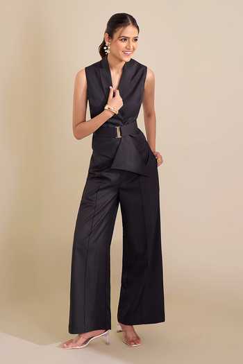 Buy_Naintara Bajaj_Black Lycra Shawl Neck Sharp Lapel Structured Waistcoat _Online_at_Aza_Fashions