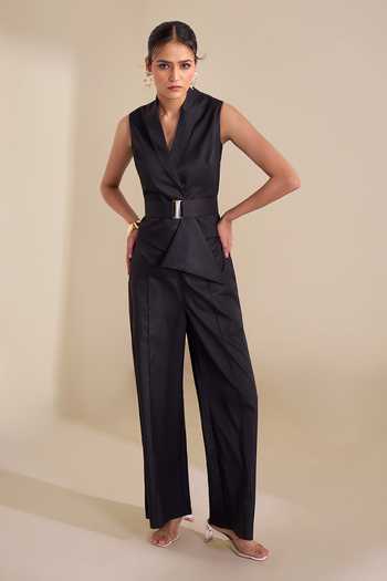 Naintara Bajaj_Black Lycra Shawl Neck Sharp Lapel Structured Waistcoat _at_Aza_Fashions