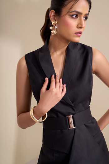 Shop_Naintara Bajaj_Black Lycra Shawl Neck Sharp Lapel Structured Waistcoat 