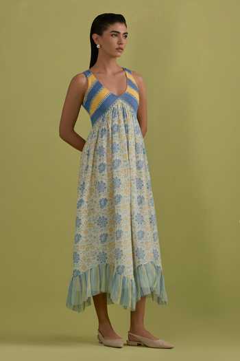 Shop_Upavita_Off White Cotton, Chanderi V-neck Hand Block Print Dress _Online_at_Aza_Fashions