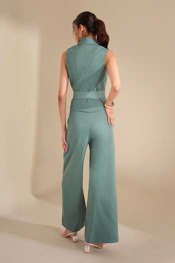 Naintara Bajaj_Green Lycra Shawl Neck Structured Asymmetric Waistcoat _Online_at_Aza_Fashions