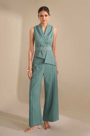 Buy_Naintara Bajaj_Green Lycra Shawl Neck Structured Asymmetric Waistcoat _Online_at_Aza_Fashions