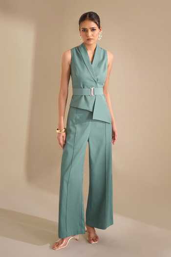 Shop_Naintara Bajaj_Green Lycra Shawl Neck Structured Asymmetric Waistcoat _Online_at_Aza_Fashions