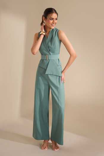 Buy_Naintara Bajaj_Green Lycra Shawl Neck Structured Asymmetric Waistcoat 