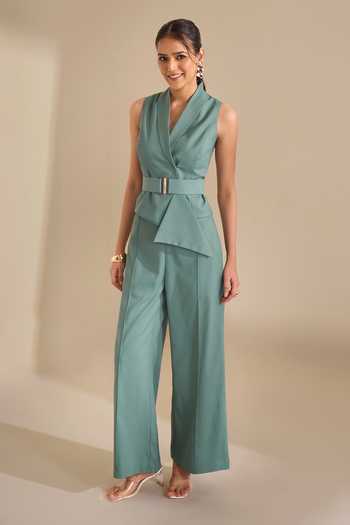 Shop_Naintara Bajaj_Green Lycra Shawl Neck Structured Asymmetric Waistcoat 