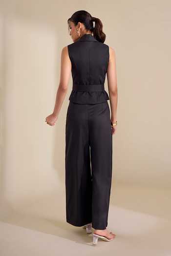 Naintara Bajaj_Black Lycra V-neck Structured Waistcoat And Trouser Set _Online_at_Aza_Fashions
