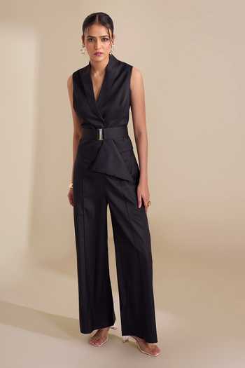 Shop_Naintara Bajaj_Black Lycra V-neck Structured Waistcoat And Trouser Set _Online_at_Aza_Fashions