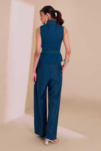 Naintara Bajaj_Teal Lycra Shawl Neck Asymmetric Crisp Structured Waistcoat _Online_at_Aza_Fashions
