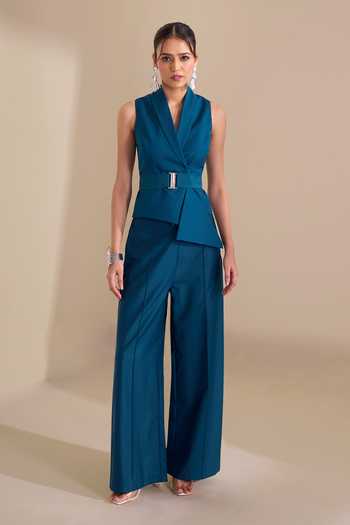 Naintara Bajaj_Teal Lycra Shawl Neck Asymmetric Crisp Structured Waistcoat _at_Aza_Fashions