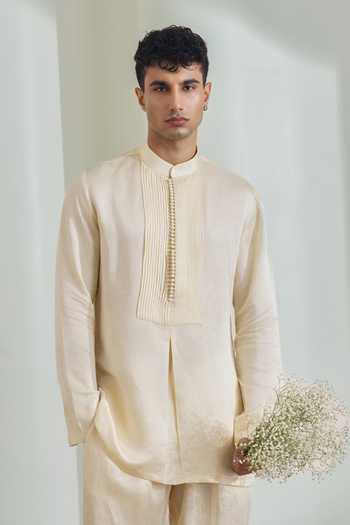 Shop_Madhav Agasti_Yellow Silk, Linen Kurta And Pant Set _at_Aza_Fashions