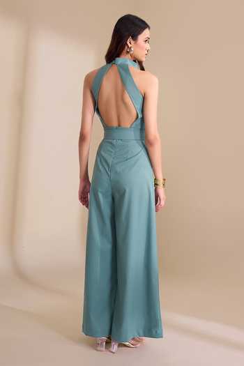 Naintara Bajaj_Green High Collar Back Cut Jumpsuit And Belt Set _Online_at_Aza_Fashions