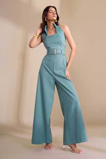 Shop_Naintara Bajaj_Green High Collar Back Cut Jumpsuit And Belt Set _Online_at_Aza_Fashions