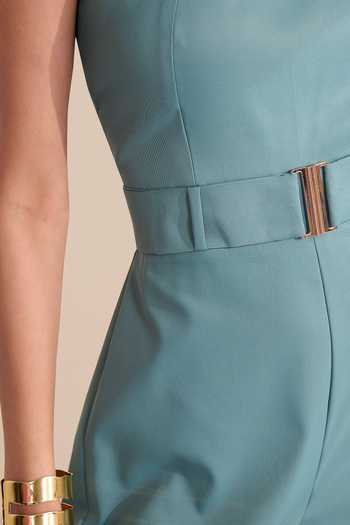 Naintara Bajaj_Green High Collar Back Cut Jumpsuit And Belt Set _at_Aza_Fashions