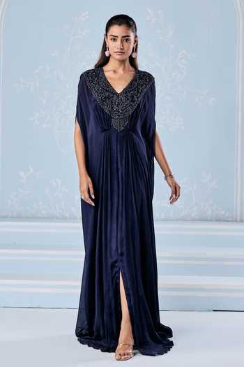 Buy_Seema Thukral_Navy Satin, Chiffon Abigail Hand Work Aari Embellished Full Length Kaftan _at_Aza_Fashions
