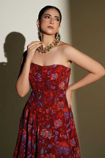 Shop_Kiyohra_Red Georgette Bandeau Neck Scarlet Print Corset With Lehenga _Online_at_Aza_Fashions